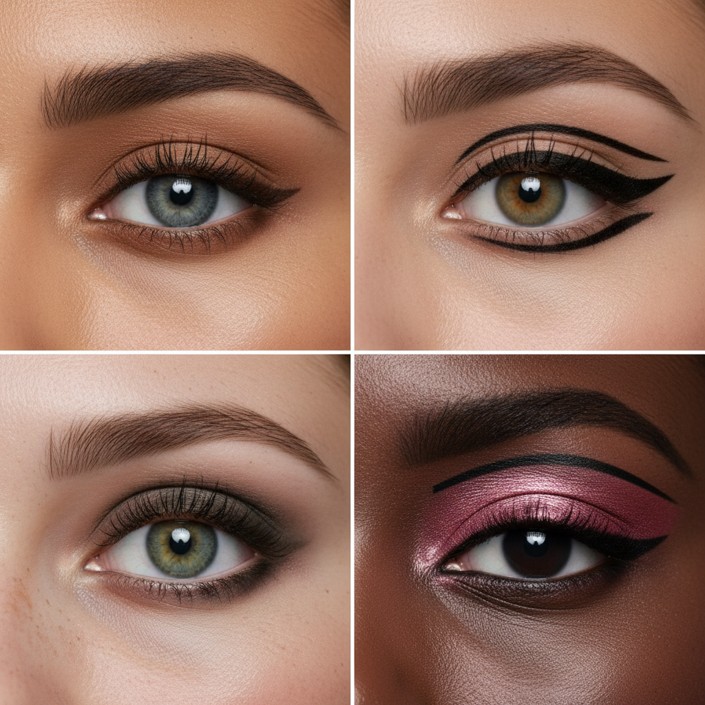 Four close-up views of eyes with different makeup looks on a neutral background