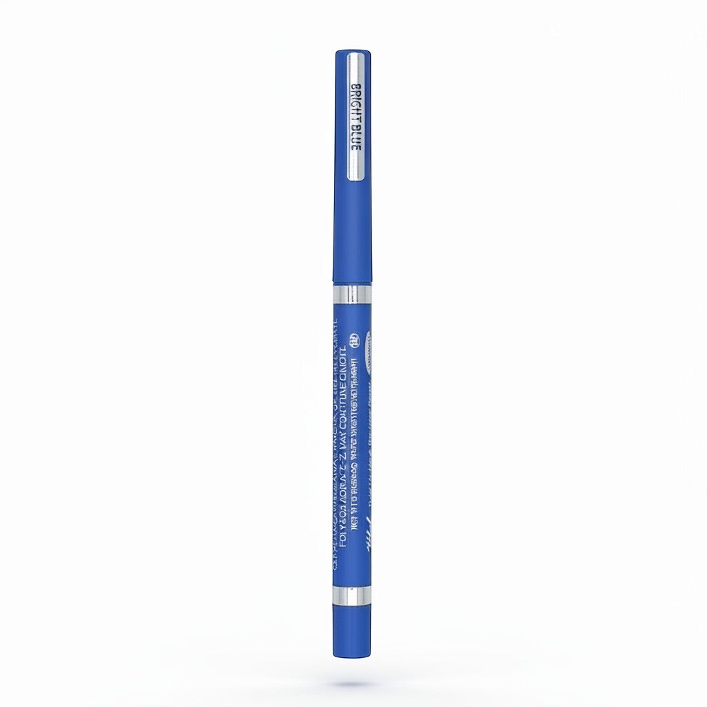 Vital Make Up Bright Blue twist-up lip and eyeliner pencil with silver accents. Dual-purpose for lips and eyes.