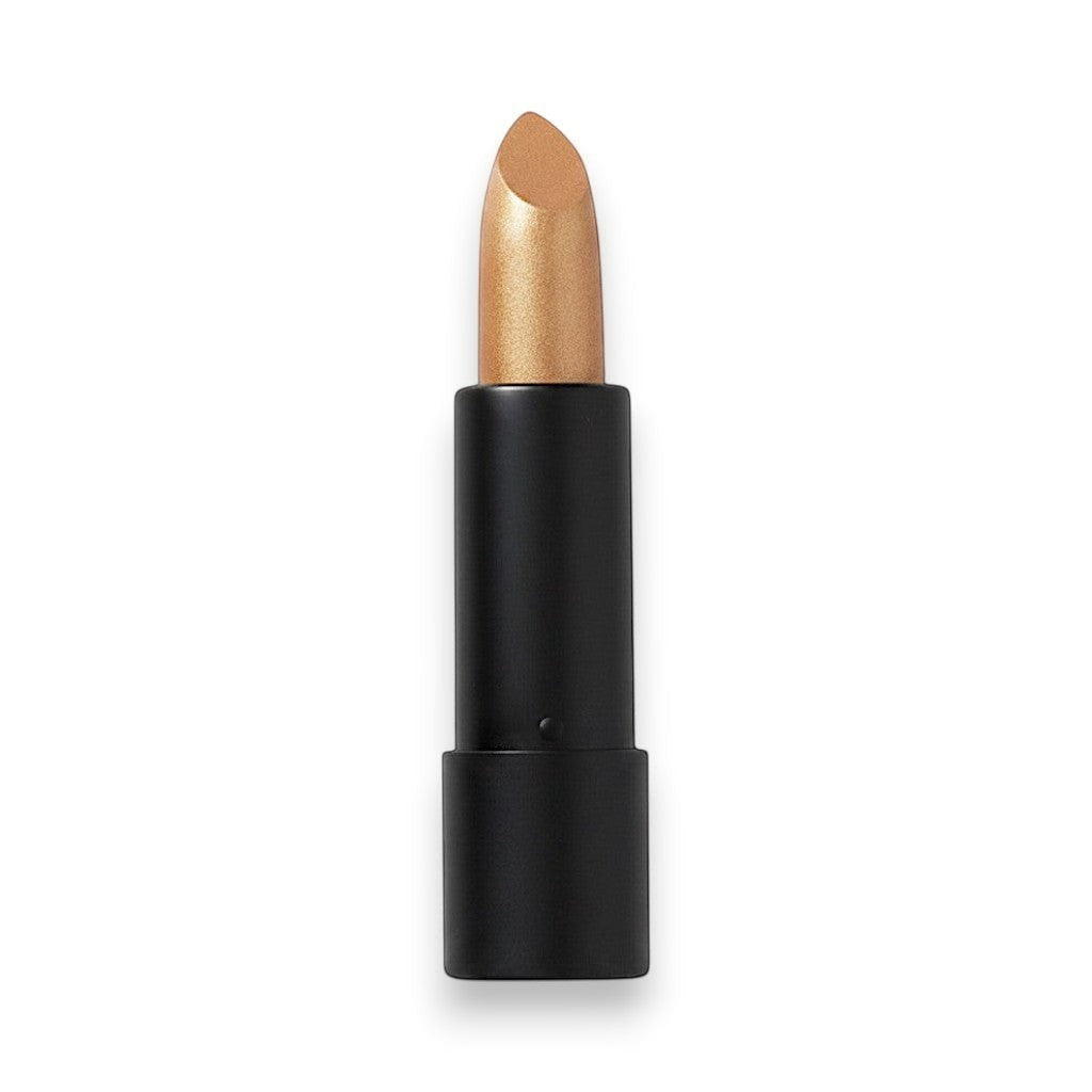 Vital Make Up matte lipstick in a shimmering gold shade with a black casing.