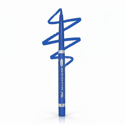 Vital Make Up Twist Up Lip & Eyeliner in bright blue, with a swatch of the blue eyeliner on a white background.