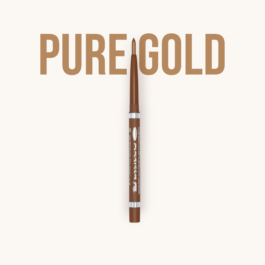 Vital Make Up Twist Up Lip & Eyeliner in Pure Gold. Dual-purpose pencil with a twist-up mechanism and golden metallic finish.